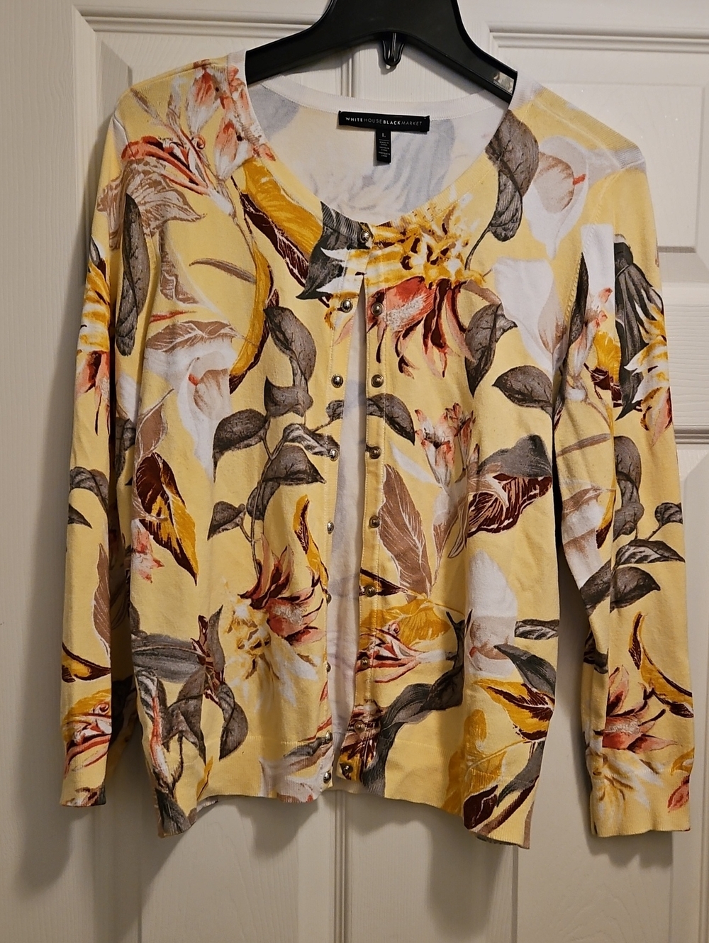 White House Black Market Yellow Floral Button Cardigan